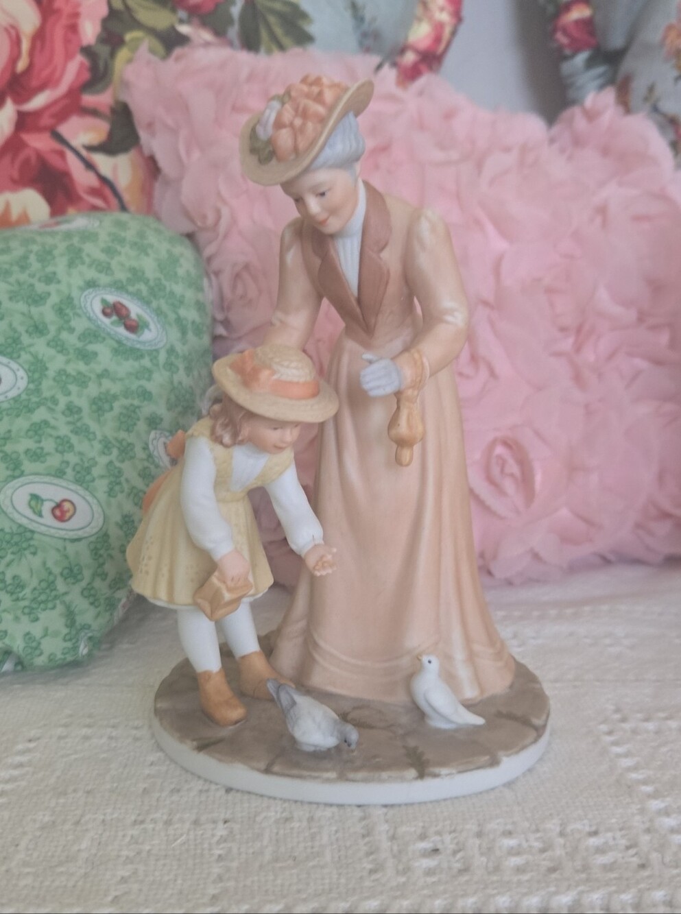 Porcelain Lady and Child Figurine in Pastel Peach and Cream